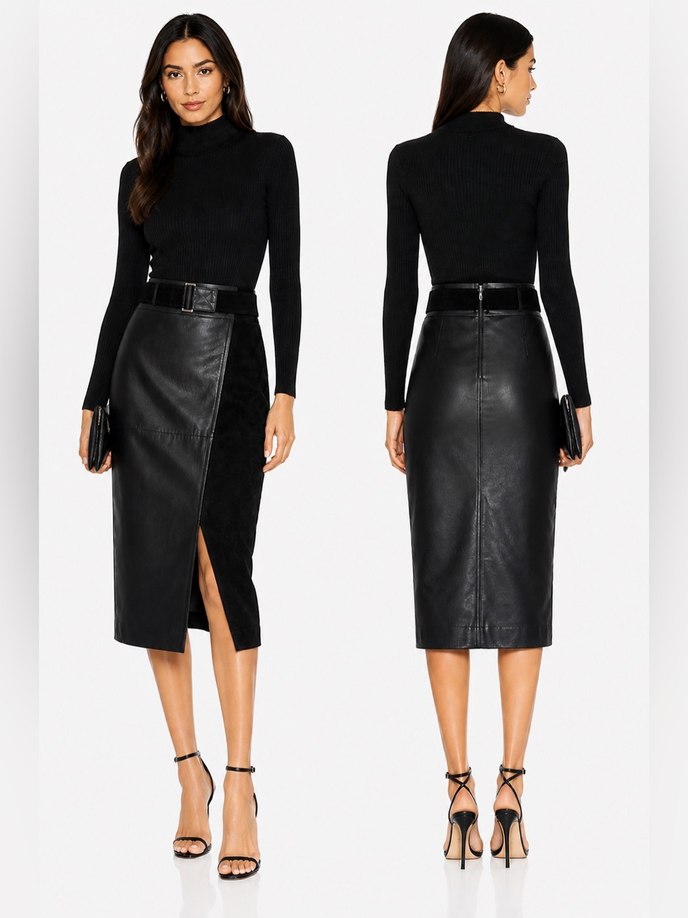 White House Black Market Leather Suede Pencil Skirt Black Size 6 Belted